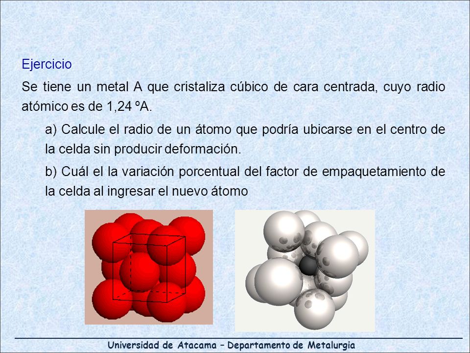Ejercicio Se tiene un metal A que cristaliza cúbico de cara centrada, cuyo radio atómico es de 1,24 ºA.