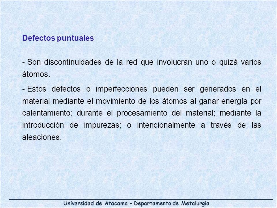 Defectos puntuales Son discontinuidades de la red que involucran uno o quizá varios átomos.