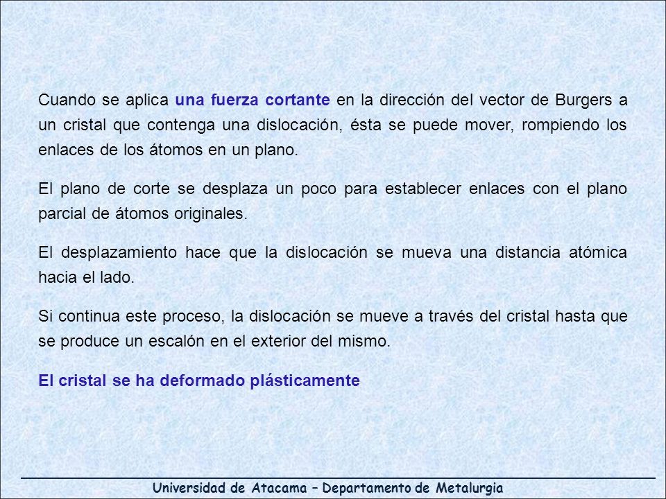 Cuando se aplica una fuerza cortante en la dirección del vector de Burgers a un cristal que contenga una dislocación, ésta se puede mover, rompiendo los enlaces de los átomos en un plano.