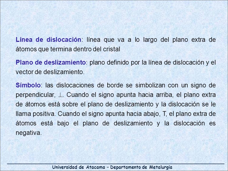 Línea de dislocación: línea que va a lo largo del plano extra de átomos que termina dentro del cristal