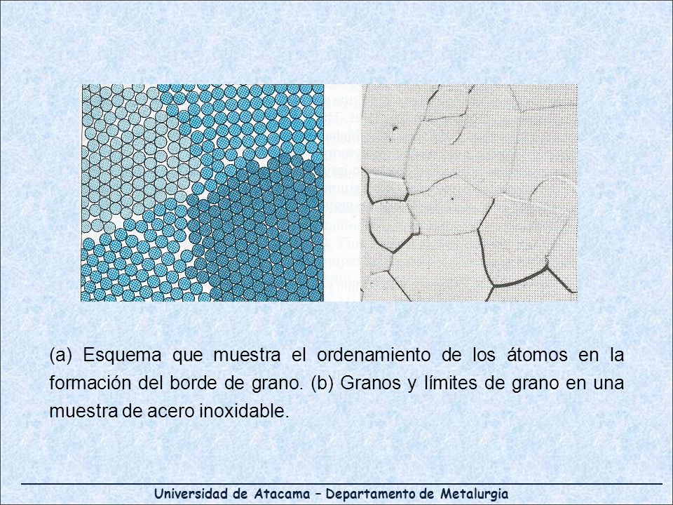 (a) Esquema que muestra el ordenamiento de los átomos en la formación del borde de grano.