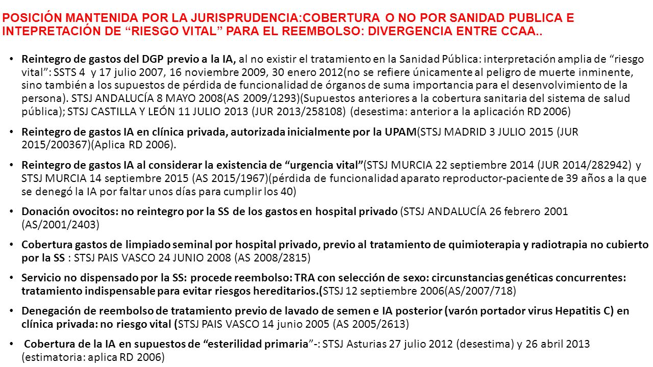 POSICIÓN MANTENIDA POR LA JURISPRUDENCIA:COBERTURA O NO POR SANIDAD PUBLICA E INTEPRETACIÓN DE RIESGO VITAL PARA EL REEMBOLSO: DIVERGENCIA ENTRE CCAA..