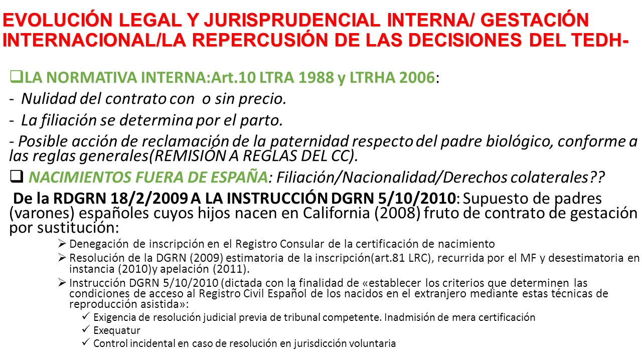 EVOLUCIÓN LEGAL Y JURISPRUDENCIAL INTERNA/ GESTACIÓN INTERNACIONAL/LA REPERCUSIÓN DE LAS DECISIONES DEL TEDH-