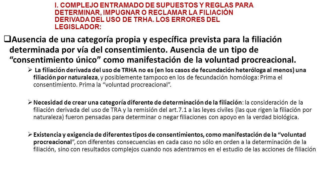 I. COMPLEJO ENTRAMADO DE SUPUESTOS Y REGLAS PARA DETERMINAR, IMPUGNAR O RECLAMAR LA FILIACIÓN DERIVADA DEL USO DE TRHA. LOS ERRORES DEL LEGISLADOR: