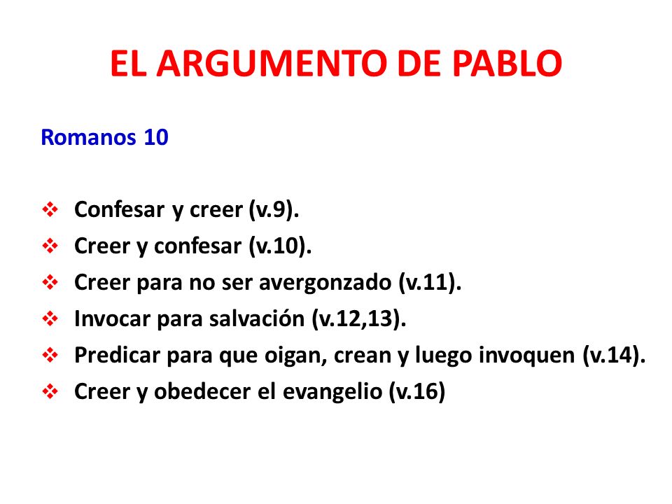 EL ARGUMENTO DE PABLO Romanos 10 Confesar y creer (v.9).