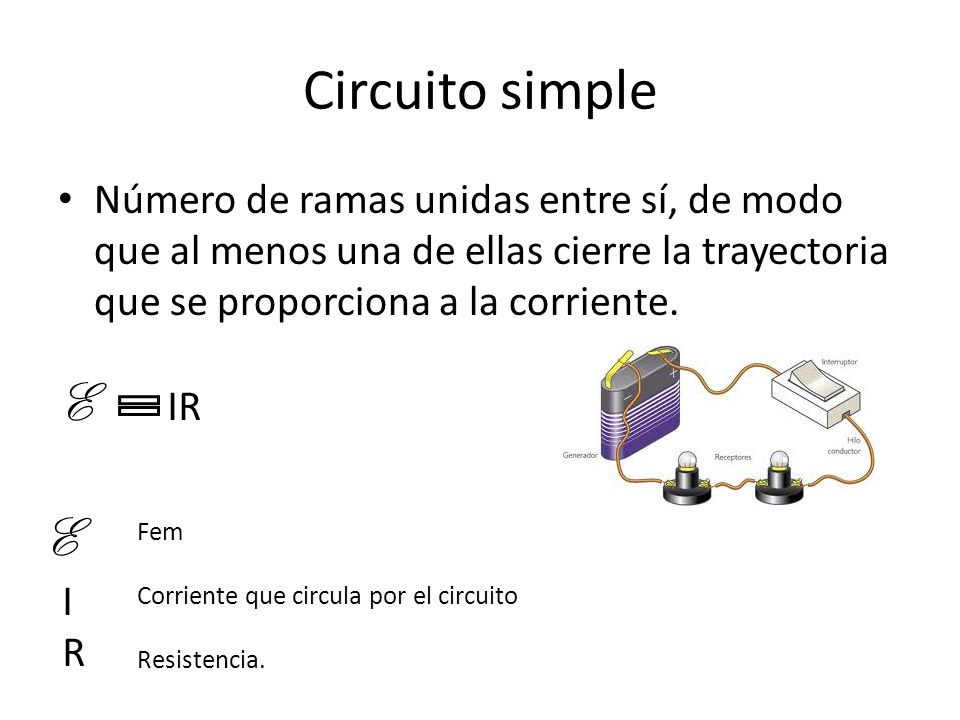 Circuito simple Número de ramas unidas entre sí, de modo que al menos una de ellas cierre la trayectoria que se proporciona a la corriente.
