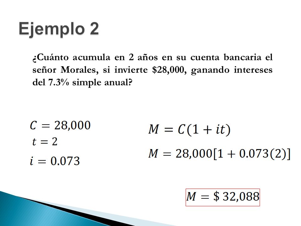 Ejemplo 2 ¿Cuánto acumula en 2 años en su cuenta bancaria el señor Morales, si invierte $28,000, ganando intereses del 7.3% simple anual
