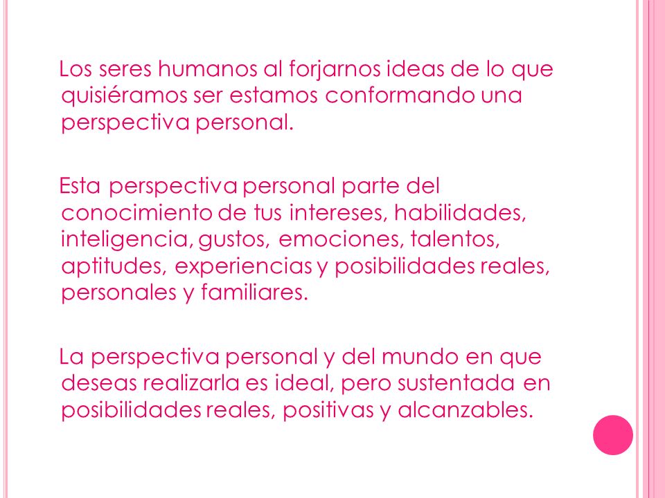 Los seres humanos al forjarnos ideas de lo que quisiéramos ser estamos conformando una perspectiva personal.
