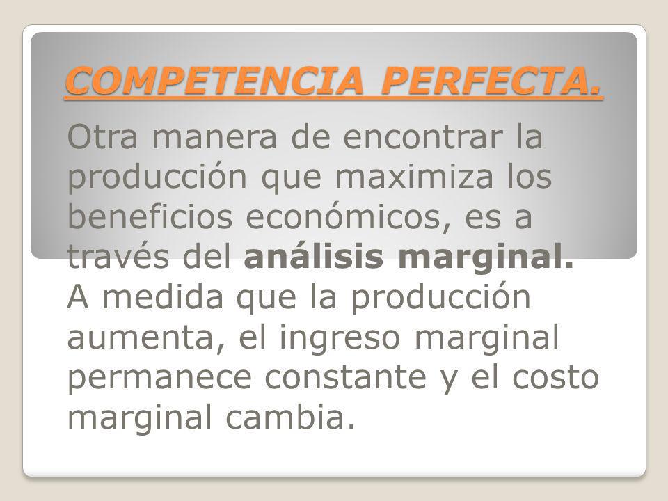 COMPETENCIA PERFECTA. Otra manera de encontrar la producción que maximiza los beneficios económicos, es a través del análisis marginal.