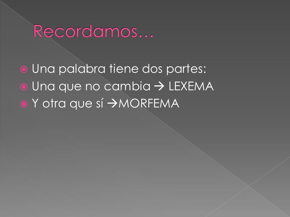 Recordamos… Una palabra tiene dos partes: Una que no cambia  LEXEMA