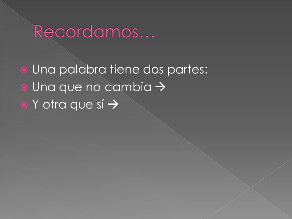 Recordamos… Una palabra tiene dos partes: Una que no cambia 