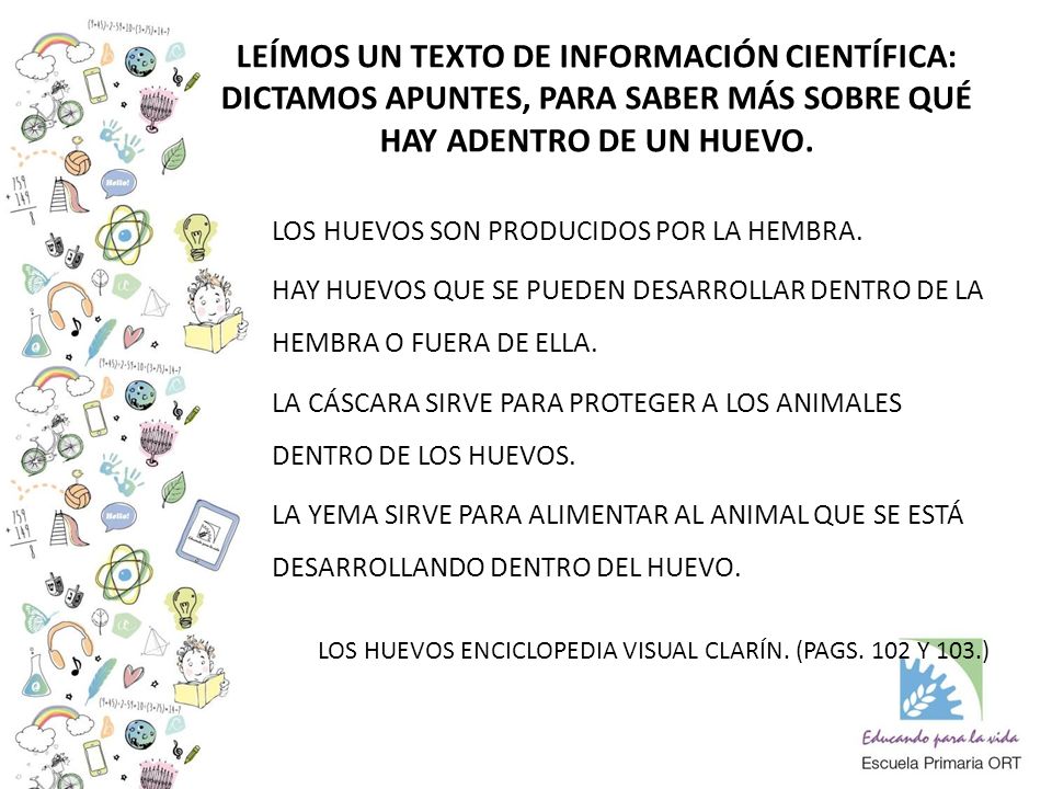 LEÍMOS UN TEXTO DE INFORMACIÓN CIENTÍFICA: DICTAMOS APUNTES, PARA SABER MÁS SOBRE QUÉ HAY ADENTRO DE UN HUEVO.