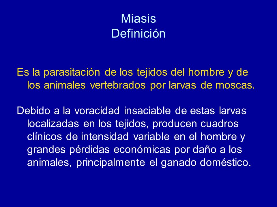 Miasis Definición Es la parasitación de los tejidos del hombre y de los animales vertebrados por larvas de moscas.