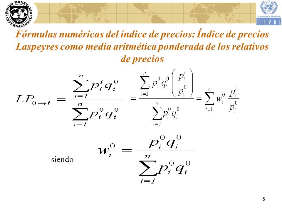 Fórmulas numéricas del índice de precios: Índice de precios Laspeyres como media aritmética ponderada de los relativos de precios