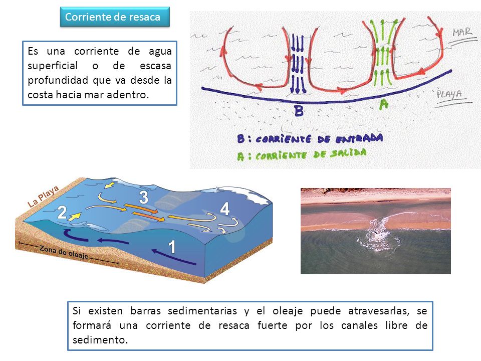Corriente de resaca Es una corriente de agua superficial o de escasa profundidad que va desde la costa hacia mar adentro.