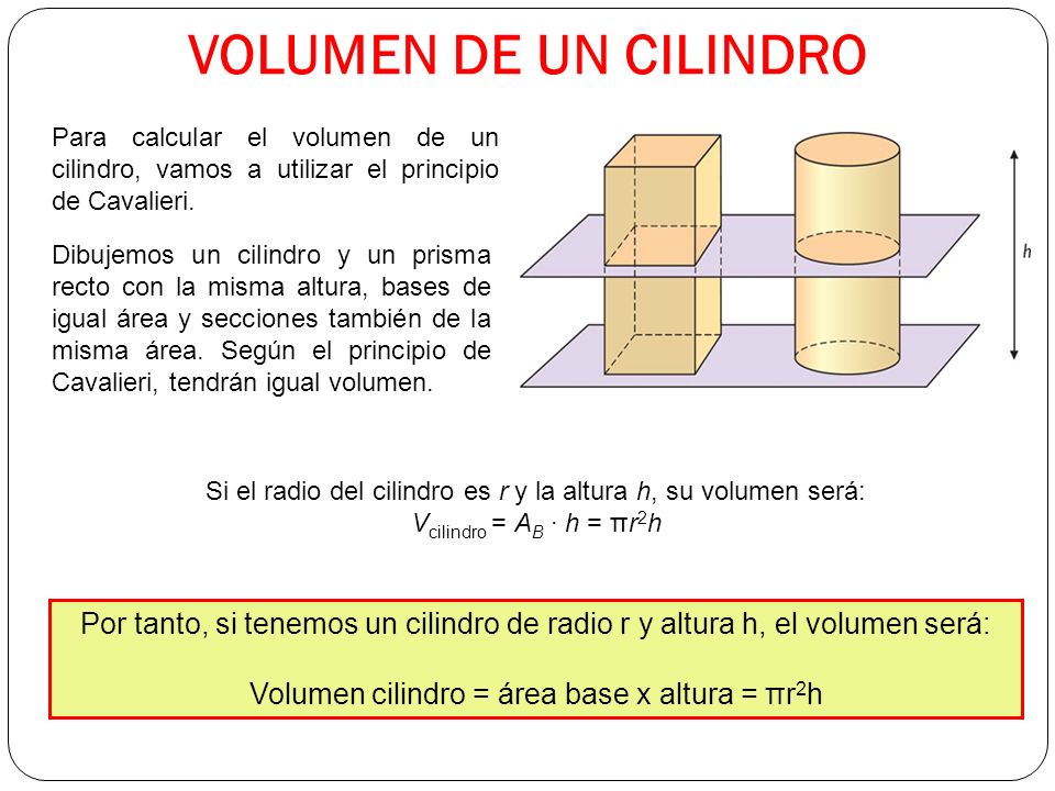 VOLUMEN DE UN CILINDRO Para calcular el volumen de un cilindro, vamos a utilizar el principio de Cavalieri.