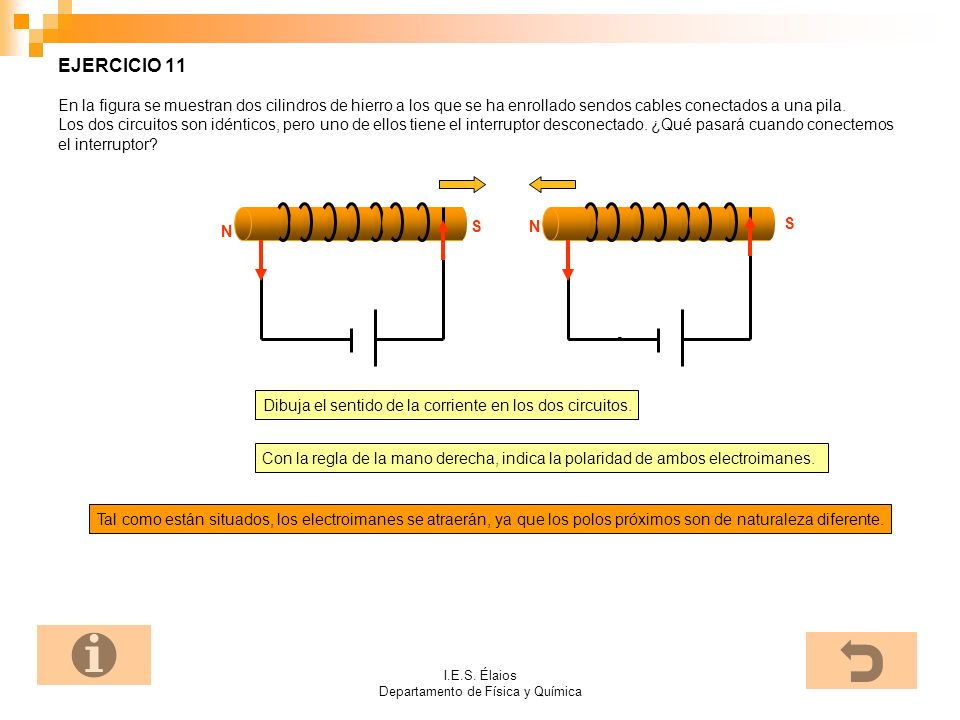 EJERCICIO 11 En la figura se muestran dos cilindros de hierro a los que se ha enrollado sendos cables conectados a una pila. Los dos circuitos son idénticos, pero uno de ellos tiene el interruptor desconectado. ¿Qué pasará cuando conectemos el interruptor
