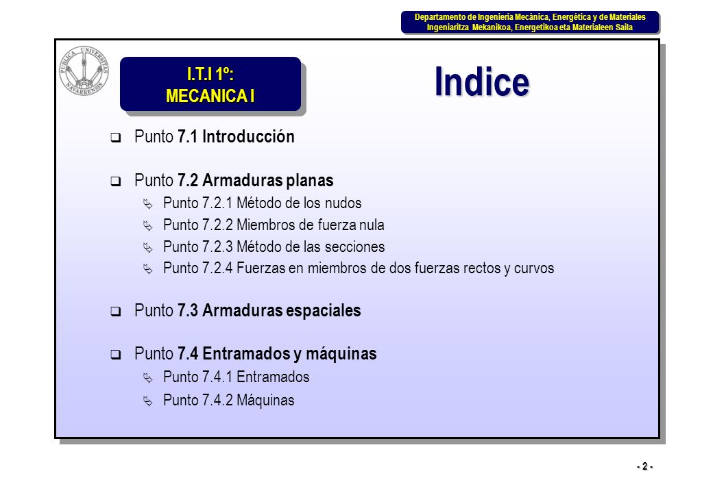 Indice Punto 7.1 Introducción Punto 7.2 Armaduras planas