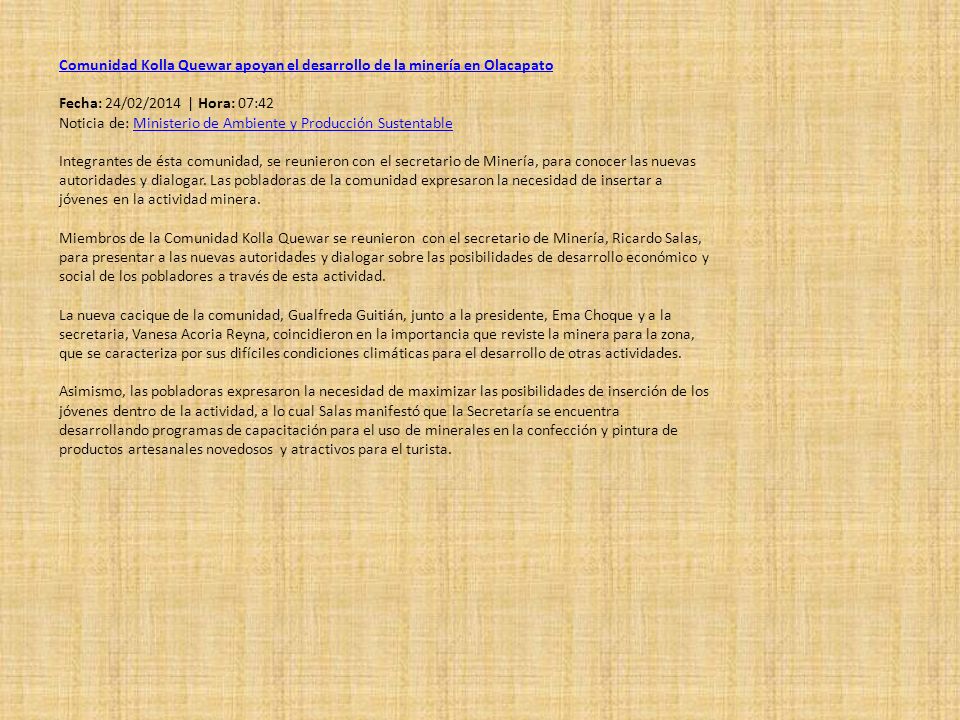 Comunidad Kolla Quewar apoyan el desarrollo de la minería en Olacapato