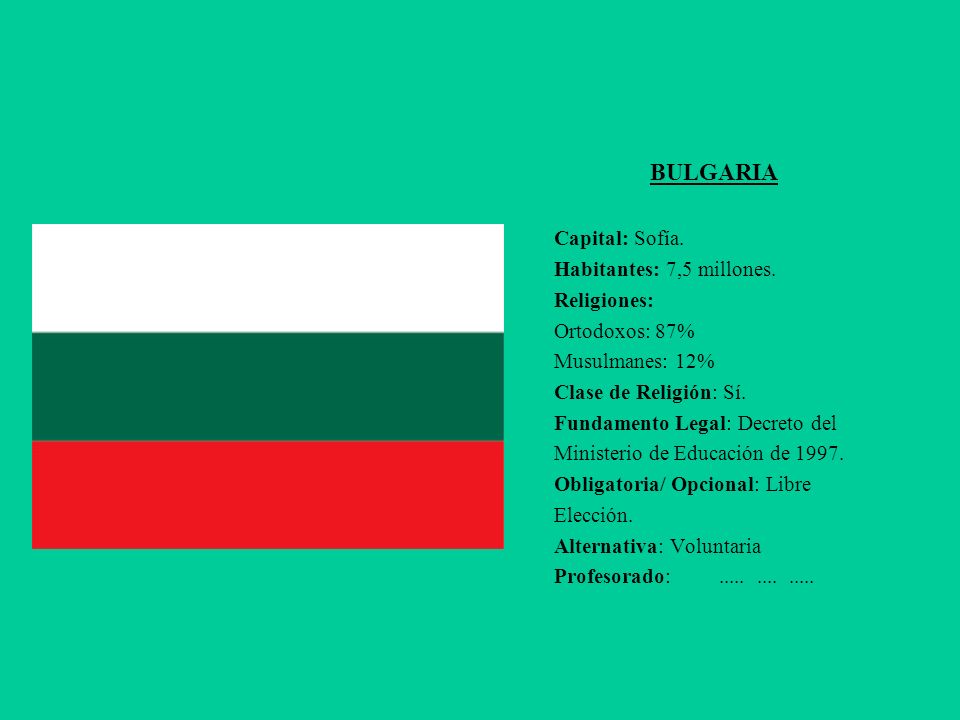 BULGARIA Capital: Sofía. Habitantes: 7,5 millones. Religiones: Ortodoxos: 87% Musulmanes: 12% Clase de Religión: Sí.