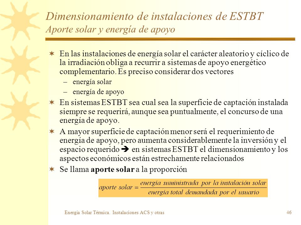 Dimensionamiento de instalaciones de ESTBT Aporte solar y energía de apoyo