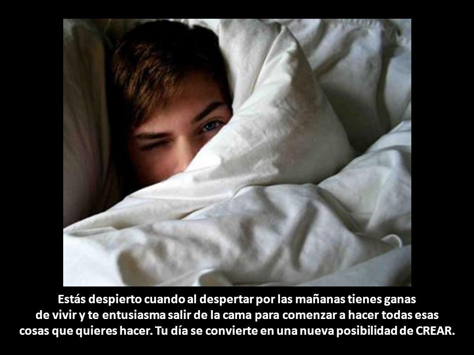 Estás despierto cuando al despertar por las mañanas tienes ganas de vivir y te entusiasma salir de la cama para comenzar a hacer todas esas cosas que quieres hacer.