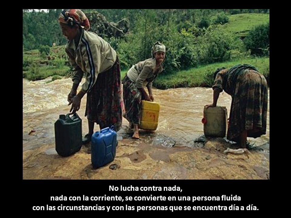 No lucha contra nada, nada con la corriente, se convierte en una persona fluida con las circunstancias y con las personas que se encuentra día a día.