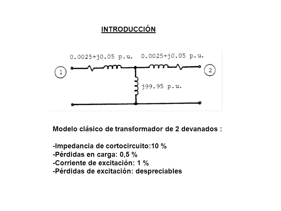 INTRODUCCIÓN Modelo clásico de transformador de 2 devanados : -Impedancia de cortocircuito:10 % -Pérdidas en carga: 0,5 %