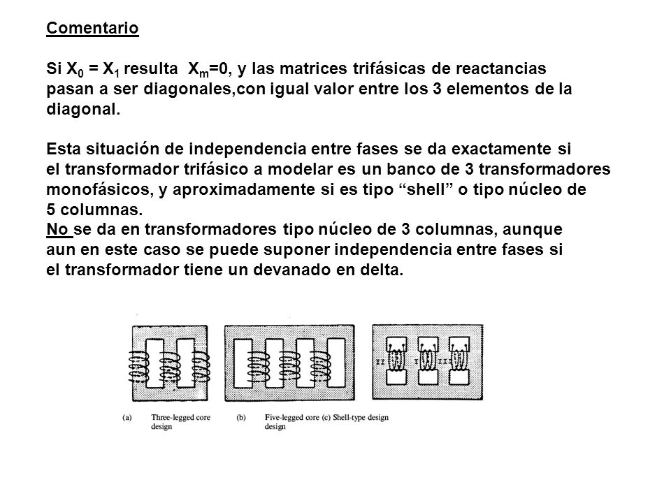Comentario Si X0 = X1 resulta Xm=0, y las matrices trifásicas de reactancias. pasan a ser diagonales,con igual valor entre los 3 elementos de la.