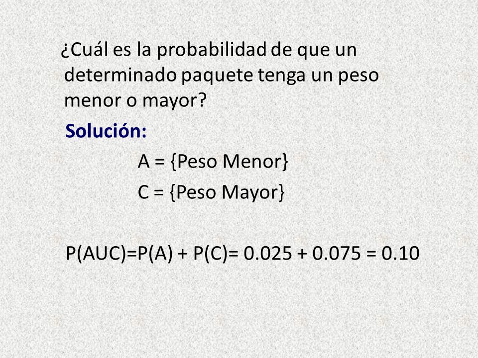 ¿Cuál es la probabilidad de que un determinado paquete tenga un peso menor o mayor.