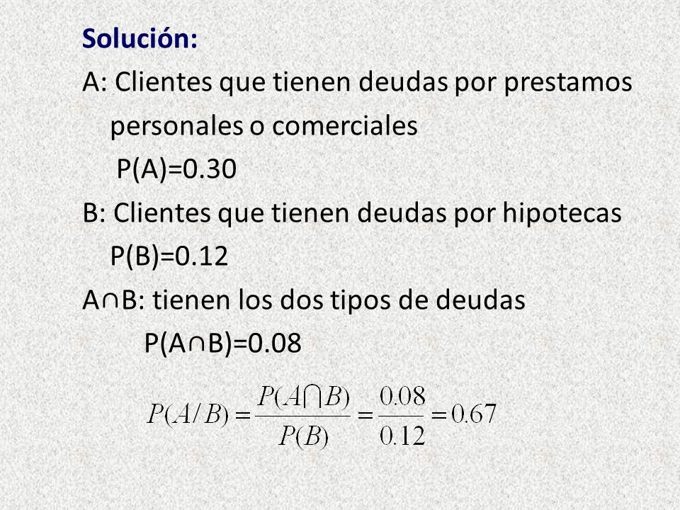 Solución: A: Clientes que tienen deudas por prestamos personales o comerciales P(A)=0.30 B: Clientes que tienen deudas por hipotecas P(B)=0.12 A∩B: tienen los dos tipos de deudas P(A∩B)=0.08