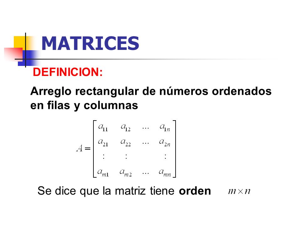 MATRICES DEFINICION: Arreglo rectangular de números ordenados en filas y columnas.