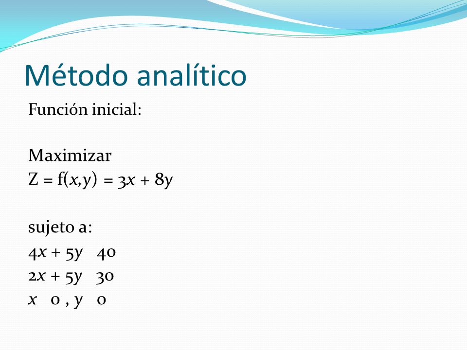 Método analítico Maximizar Z = f(x,y) = 3x + 8y sujeto a: 4x + 5y 40