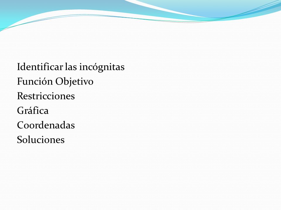 Identificar las incógnitas Función Objetivo Restricciones Gráfica Coordenadas Soluciones