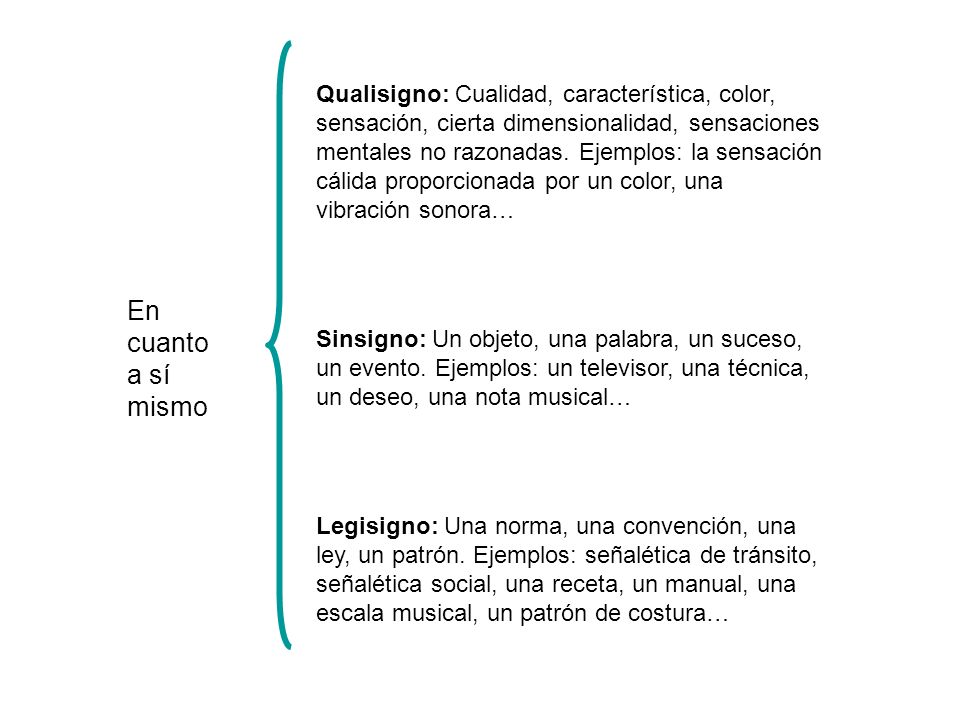 Qualisigno: Cualidad, característica, color, sensación, cierta dimensionalidad, sensaciones mentales no razonadas. Ejemplos: la sensación cálida proporcionada por un color, una vibración sonora…