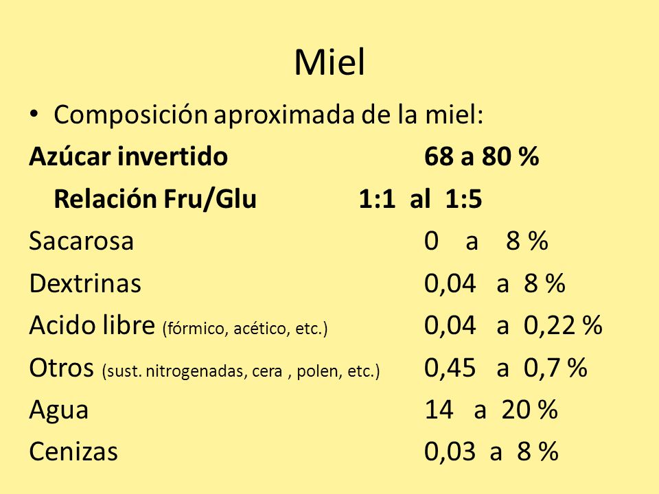 Miel Composición aproximada de la miel: Azúcar invertido 68 a 80 %