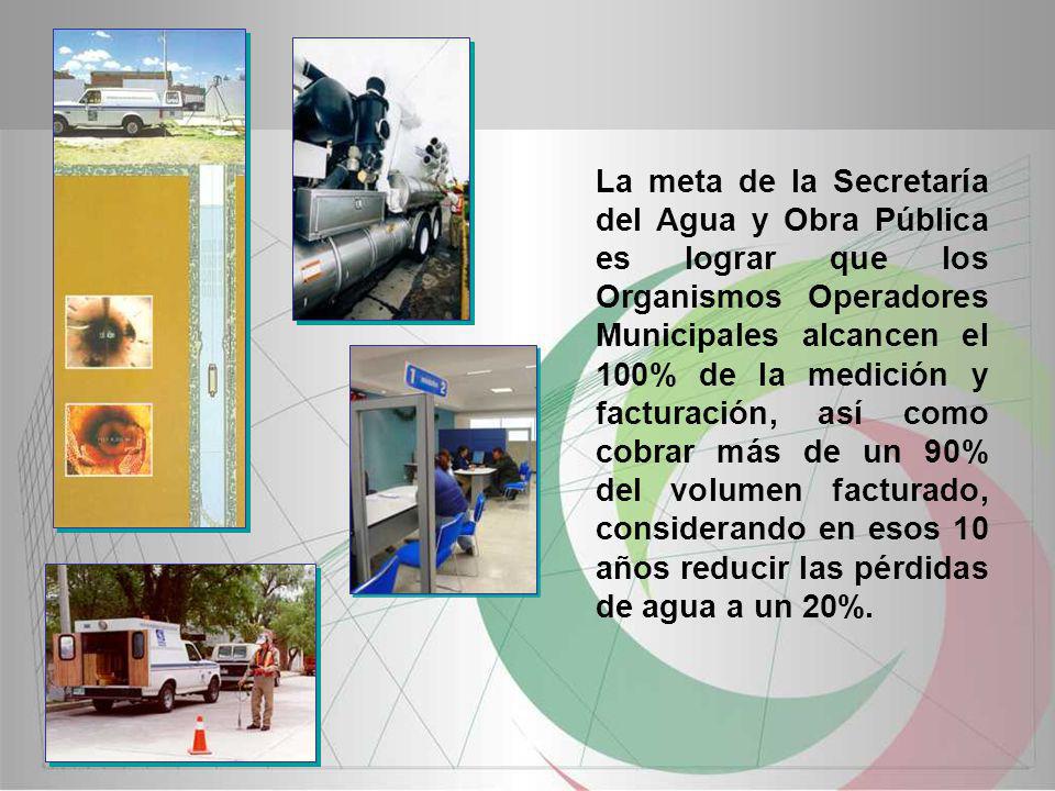 La meta de la Secretaría del Agua y Obra Pública es lograr que los Organismos Operadores Municipales alcancen el 100% de la medición y facturación, así como cobrar más de un 90% del volumen facturado, considerando en esos 10 años reducir las pérdidas de agua a un 20%.