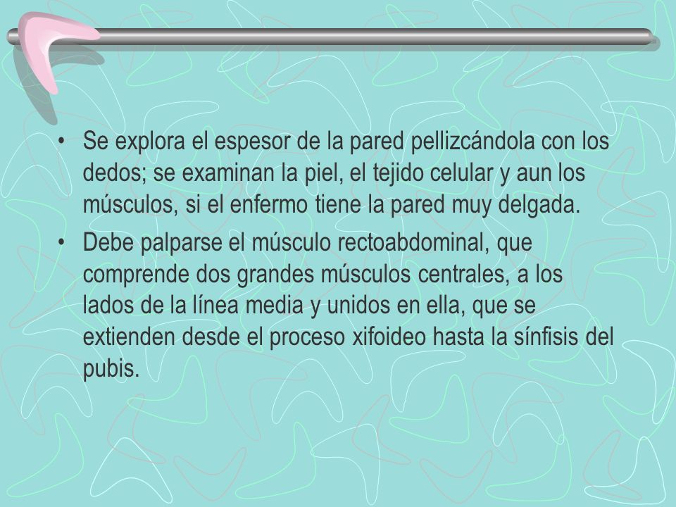 Se explora el espesor de la pared pellizcándola con los dedos; se examinan la piel, el tejido celular y aun los músculos, si el enfermo tiene la pared muy delgada.