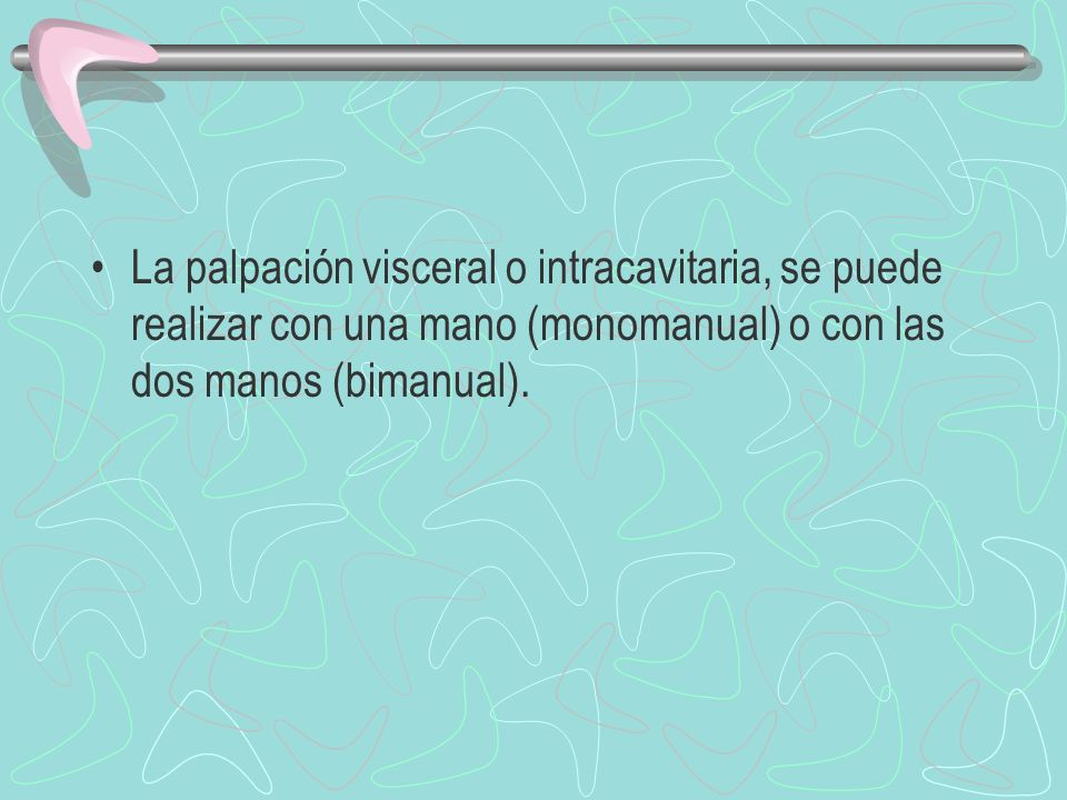 La palpación visceral o intracavitaria, se puede realizar con una mano (monomanual) o con las dos manos (bimanual).