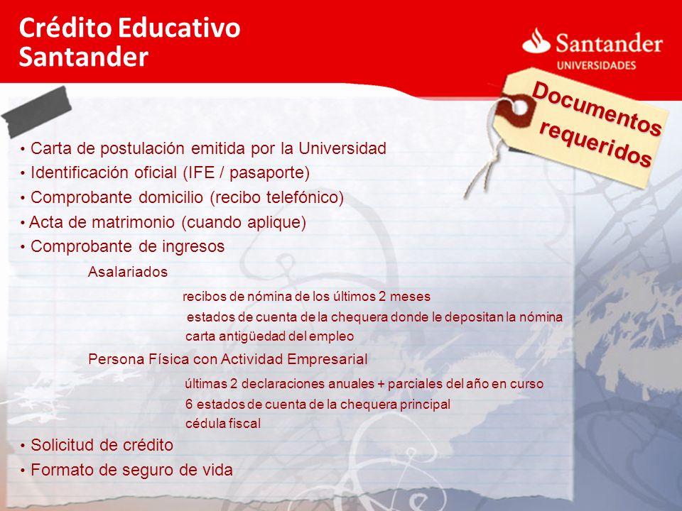 Crédito Educativo Santander Documentos requeridos