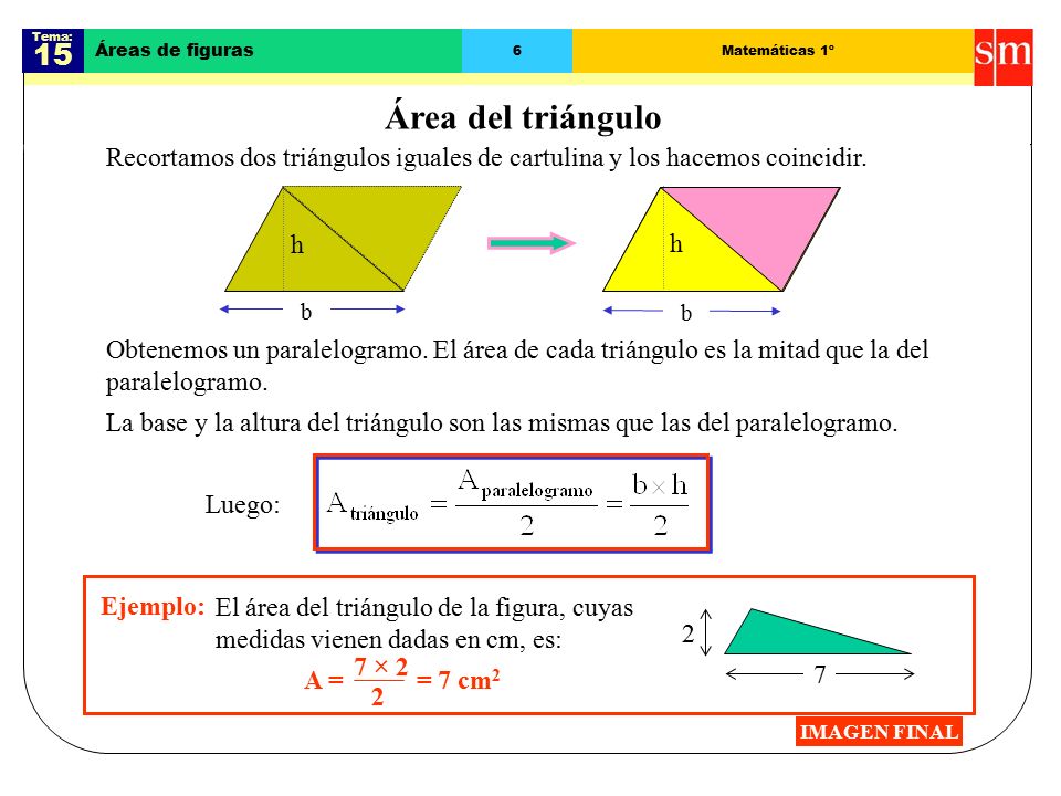 Tema: 15. Áreas de figuras. 6. Matemáticas 1º. Área del triángulo. Recortamos dos triángulos iguales de cartulina y los hacemos coincidir.