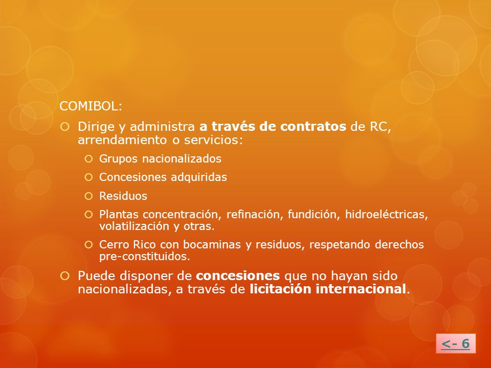 COMIBOL: Dirige y administra a través de contratos de RC, arrendamiento o servicios: Grupos nacionalizados.