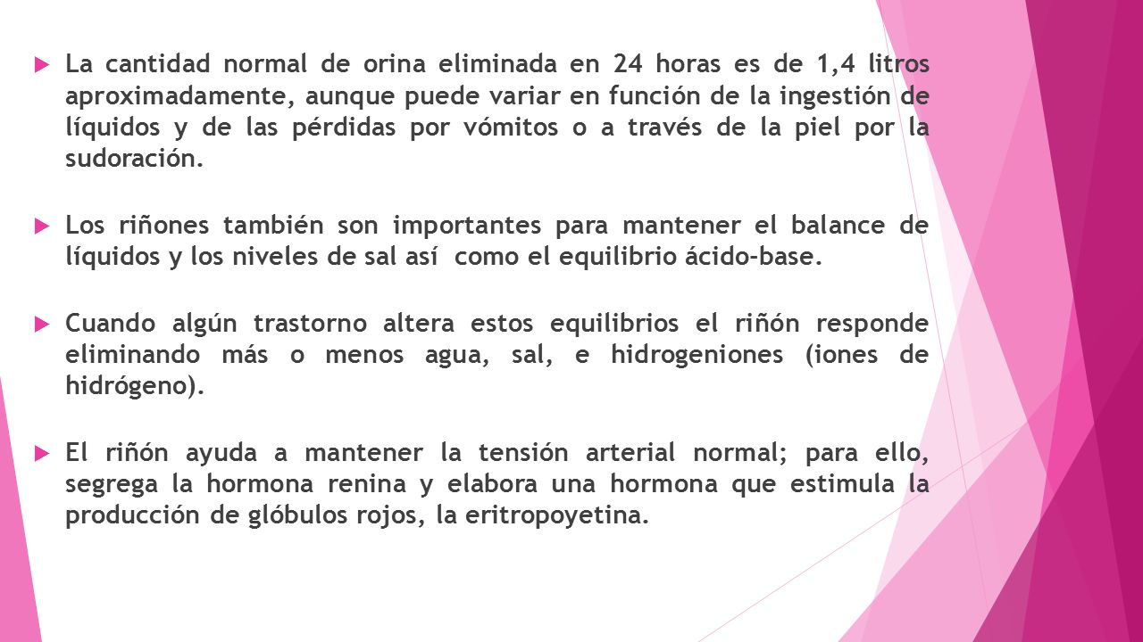 La cantidad normal de orina eliminada en 24 horas es de 1,4 litros aproximadamente, aunque puede variar en función de la ingestión de líquidos y de las pérdidas por vómitos o a través de la piel por la sudoración.