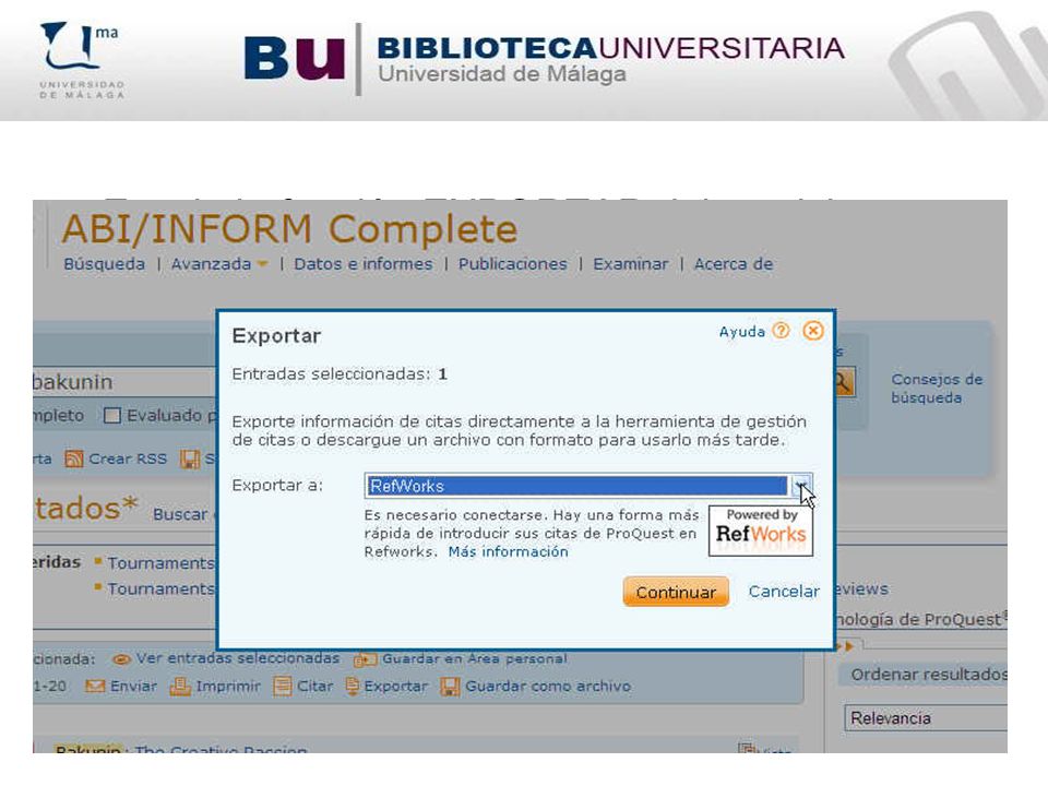 Escoja la función EXPORTAR del servicio en línea, seleccione o haga clic en la opción exportar a RefWorks.