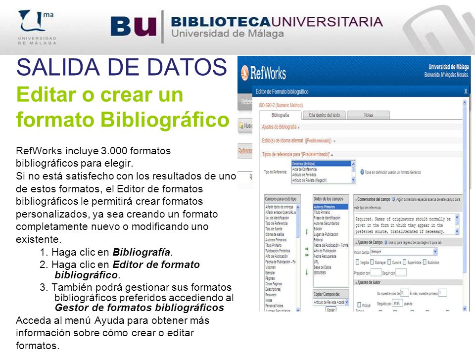 SALIDA DE DATOS Editar o crear un formato Bibliográfico