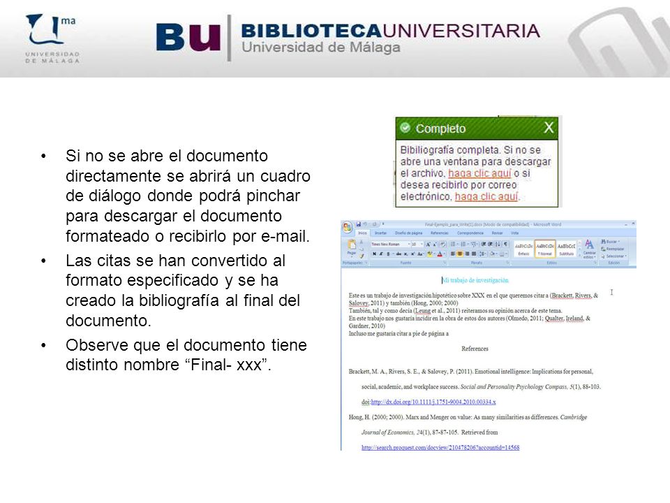 Si no se abre el documento directamente se abrirá un cuadro de diálogo donde podrá pinchar para descargar el documento formateado o recibirlo por  .