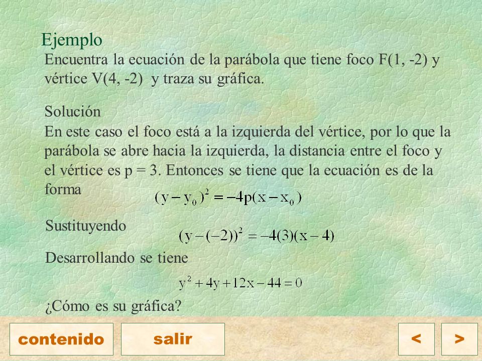 Ejemplo Encuentra la ecuación de la parábola que tiene foco F(1, -2) y vértice V(4, -2) y traza su gráfica.