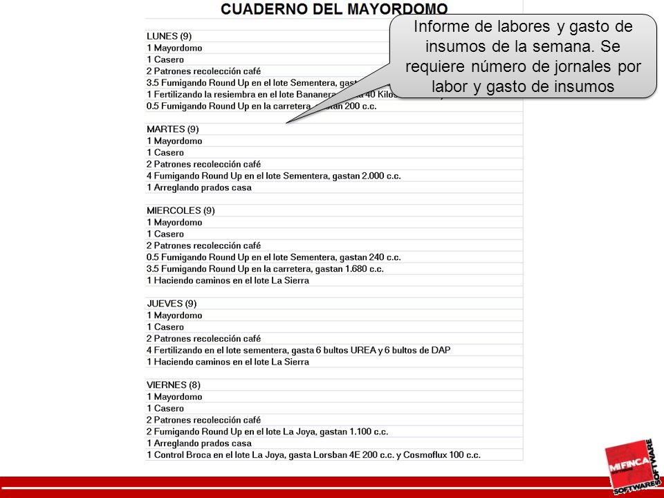 Informe de labores y gasto de insumos de la semana