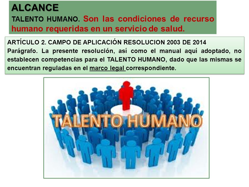 ALCANCE TALENTO HUMANO. Son las condiciones de recurso humano requeridas en un servicio de salud.