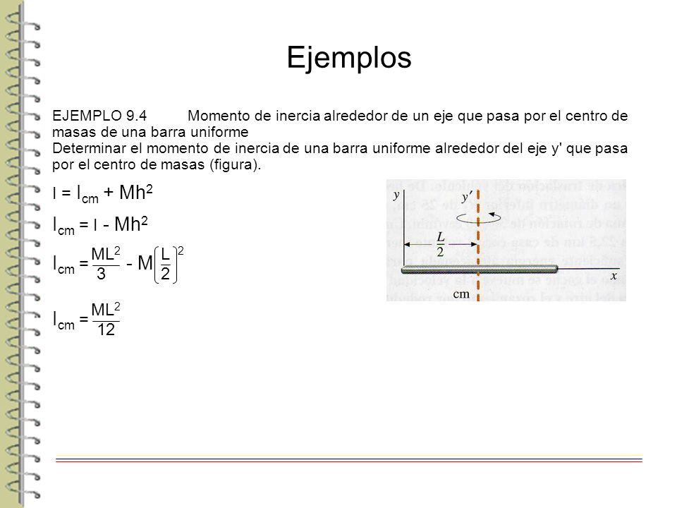 Ejemplos Icm = I - Mh2 Icm = - M Icm = I = Icm + Mh2 ML2 3 L 2 ML2 12